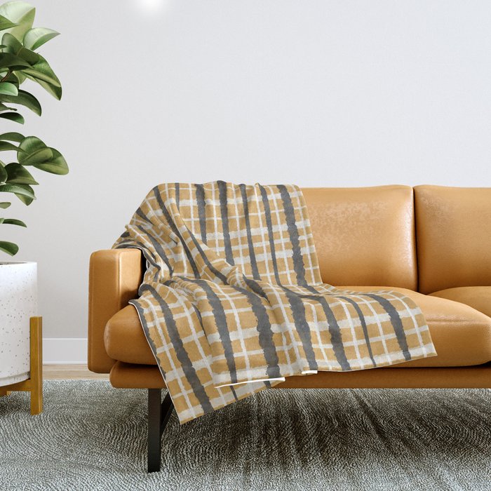 Hygge Striped Plaid Charcoal Mustard Gold Pattern  Throw Blanket Gallery Image 1