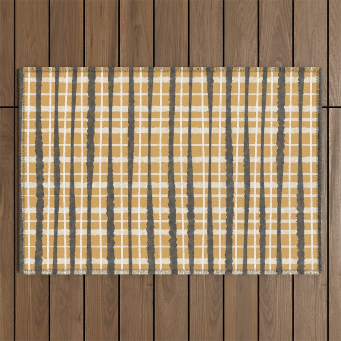 Hygge Striped Plaid Charcoal Mustard Gold Pattern  Outdoor Rug Gallery Image 1