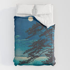 Vintage Japanese Woodblock Print Moonlight Over Ocean Japanese Landscape Tall Tree Silhouette Duvet Cover Gallery Image 6