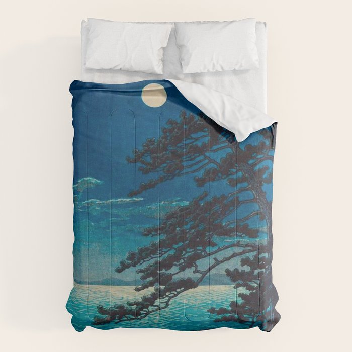 Vintage Japanese Woodblock Print Moonlight Over Ocean Japanese Landscape Tall Tree Silhouette Comforter Gallery Image 6