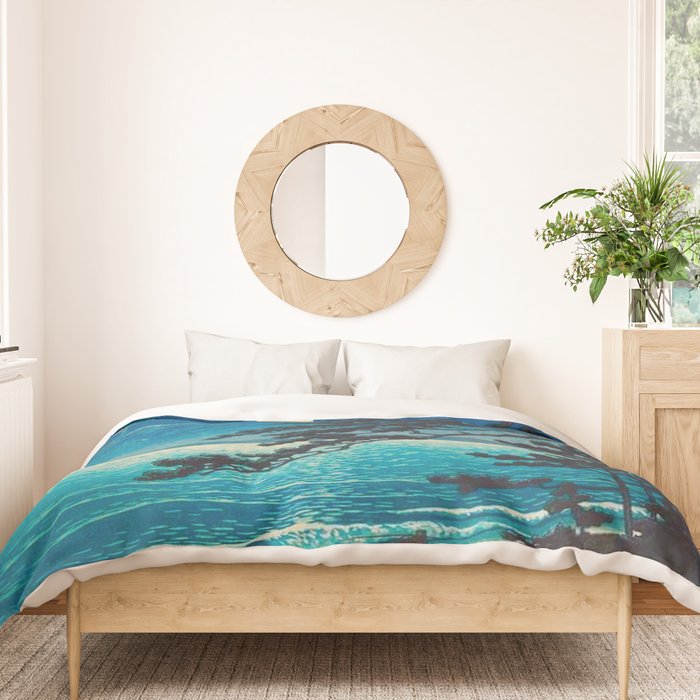 Vintage Japanese Woodblock Print Moonlight Over Ocean Japanese Landscape Tall Tree Silhouette Duvet Cover Gallery Image 3