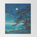 Vintage Japanese Woodblock Print Moonlight Over Ocean Japanese Landscape Tall Tree Silhouette Throw Blanket Gallery Image 2