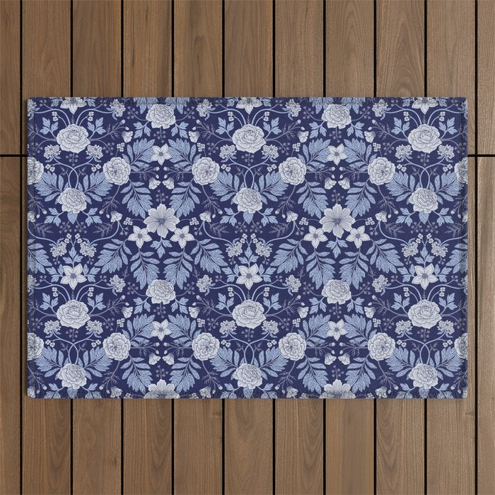 Light Blue, Cobalt Blue, & White Floral Pattern Outdoor Rug Gallery Image 1