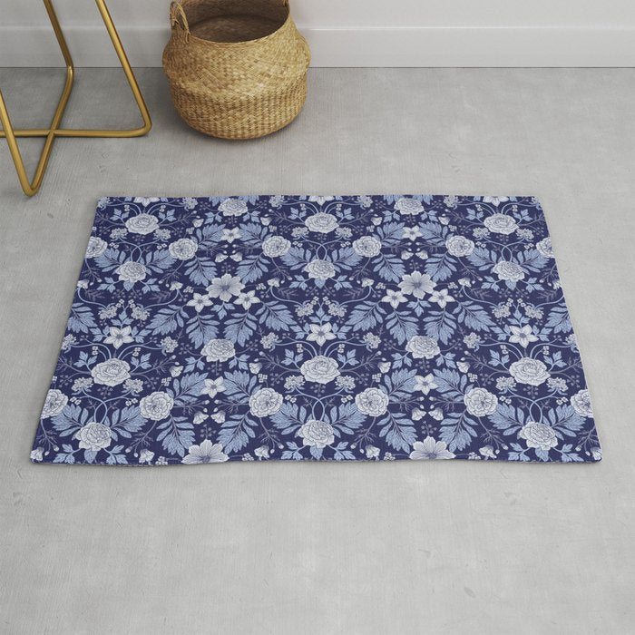Light Blue, Cobalt Blue, & White Floral Pattern Rug Gallery Image 1
