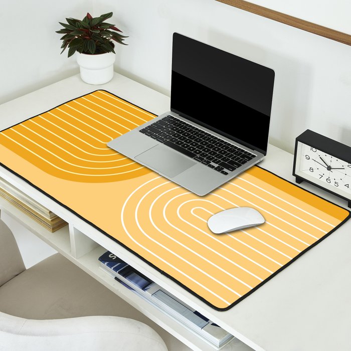 Geometric Lines Rainbow Abstract 11 in Mustard Yellow Gold Desk Mat Gallery Image 2