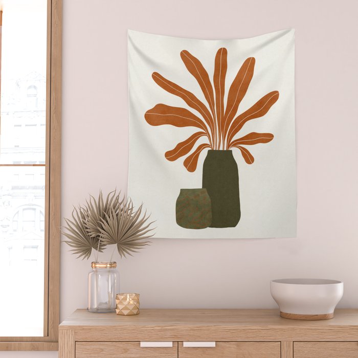 Two Green Vases & Orange Plant Wall Tapestry Gallery Image 2