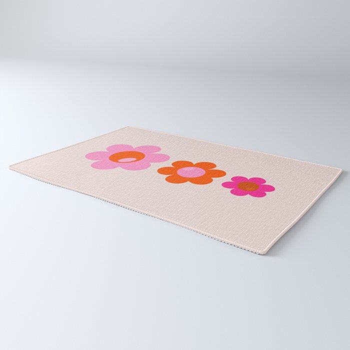 Les Fleurs | 01 - Abstract Retro Floral, Pink And Orange Print Preppy Flowers Rug Gallery Image 3