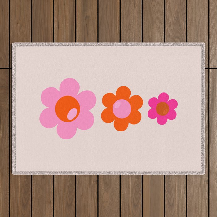 Les Fleurs | 01 - Abstract Retro Floral, Pink And Orange Print Preppy Flowers Outdoor Rug Gallery Image 1