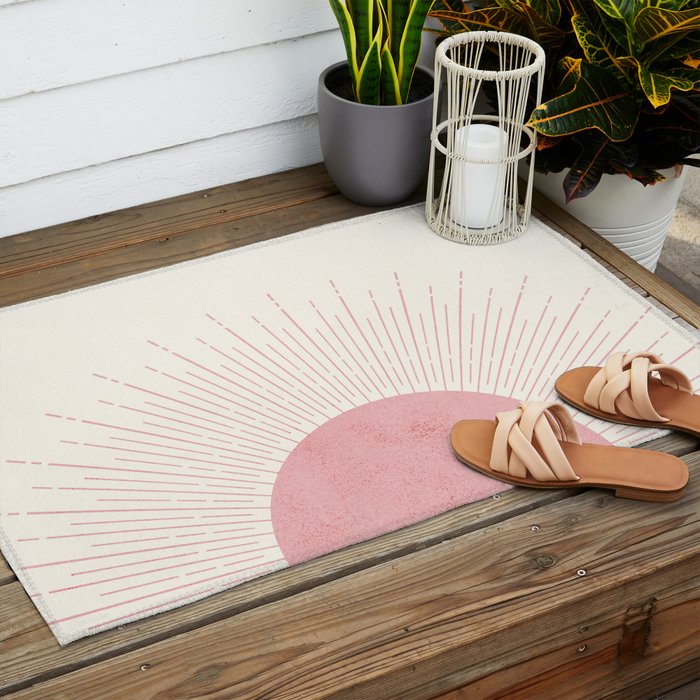 Pink Sunrise Boho Midcentury Outdoor Rug Gallery Image 2