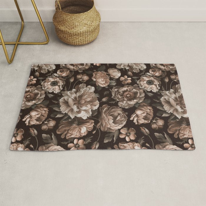 Opulent Floral Drama Moody Dark Brown Botanical Vibes Rug Gallery Image 1