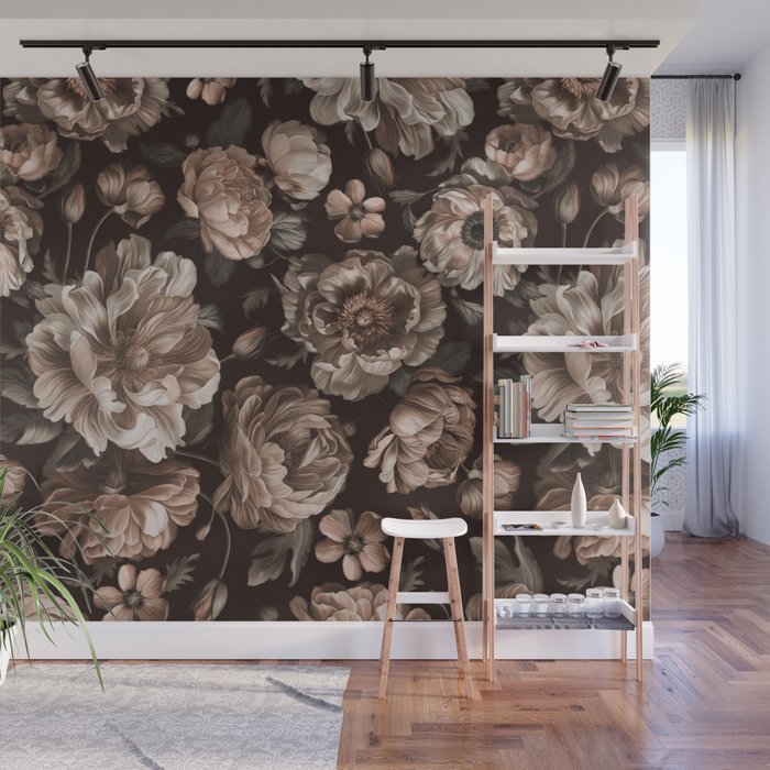 Opulent Floral Drama Moody Dark Brown Botanical Vibes Wall Mural Gallery Image 1