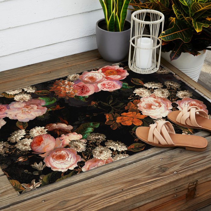 Antique Botanical Shiny Peach Roses And Chamomile Midnight Garden 2 Outdoor Rug Gallery Image 2