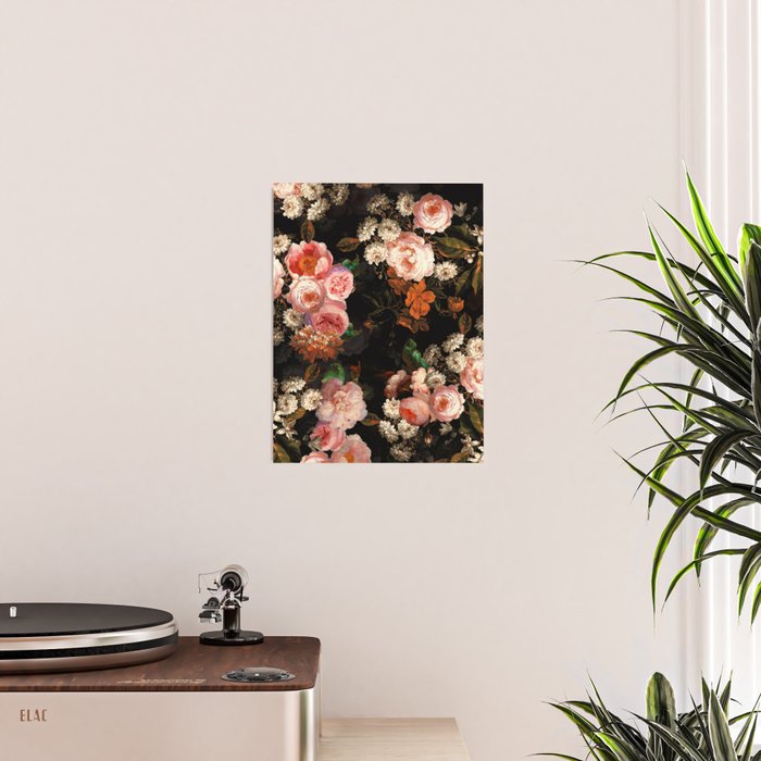 Antique Botanical Shiny Peach Roses And Chamomile Midnight Garden 2 Poster Gallery Image 2