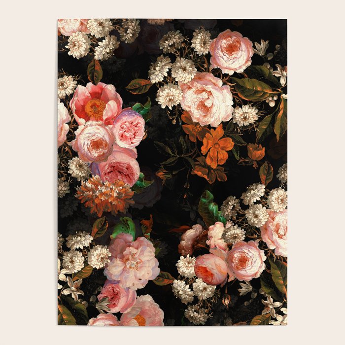 Antique Botanical Shiny Peach Roses And Chamomile Midnight Garden 2 Poster Gallery Image 4