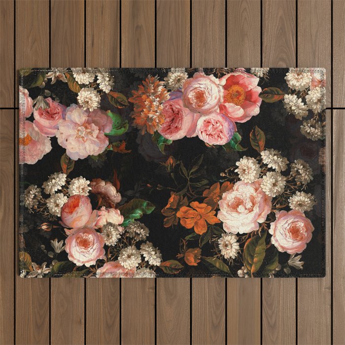 Antique Botanical Shiny Peach Roses And Chamomile Midnight Garden 2 Outdoor Rug Gallery Image 1