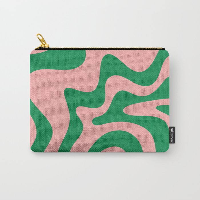 Retro Liquid Swirl Abstract Pattern Square in Bright Green and Blush Pink Carry All Pouch Gallery Image 1