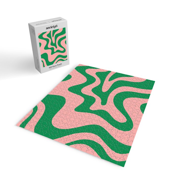 Retro Liquid Swirl Abstract Pattern Square in Bright Green and Blush Pink Jigsaw Puzzle Gallery Image 2