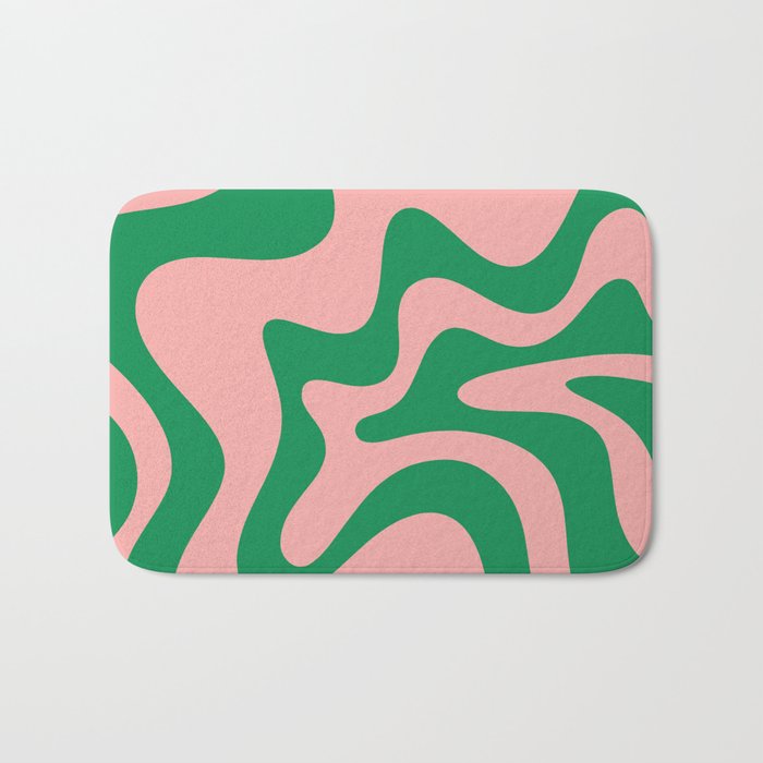 Retro Liquid Swirl Abstract Pattern Square in Bright Green and Blush Pink Bath Mat Gallery Image 1