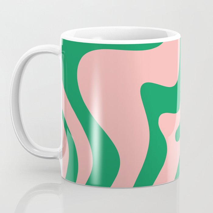 Retro Liquid Swirl Abstract Pattern Square in Bright Green and Blush Pink Coffee Mug Gallery Image 3