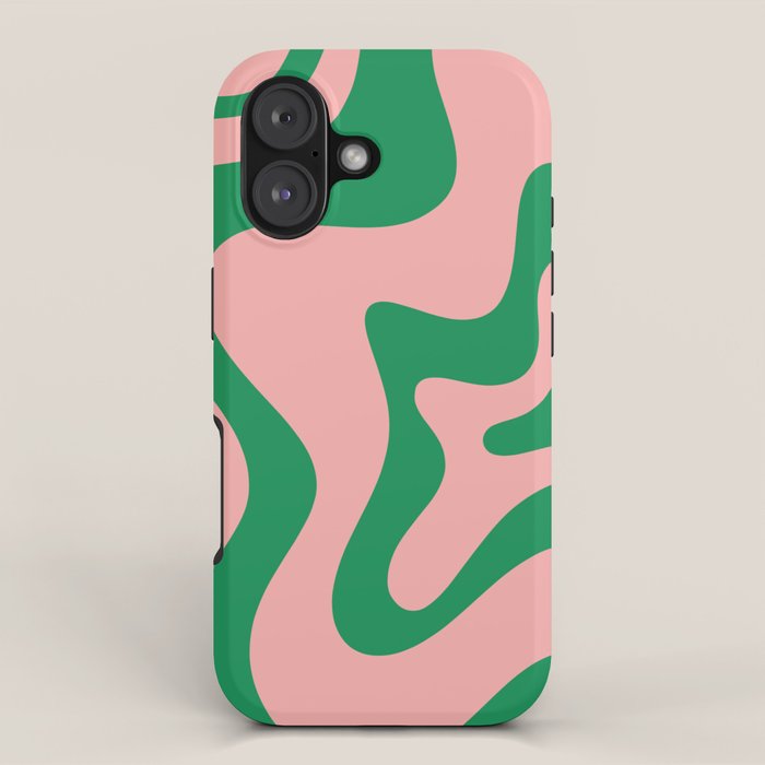 Retro Liquid Swirl Abstract Pattern Square in Bright Green and Blush Pink iPhone Case Gallery Image 1