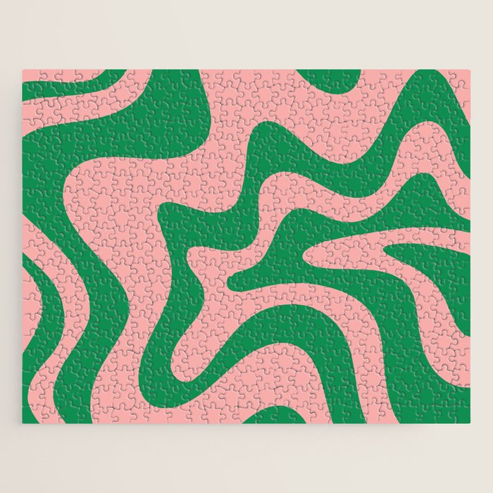 Retro Liquid Swirl Abstract Pattern Square in Bright Green and Blush Pink Jigsaw Puzzle Gallery Image 1