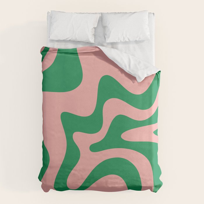 Retro Liquid Swirl Abstract Pattern Square in Bright Green and Blush Pink Duvet Cover Gallery Image 6
