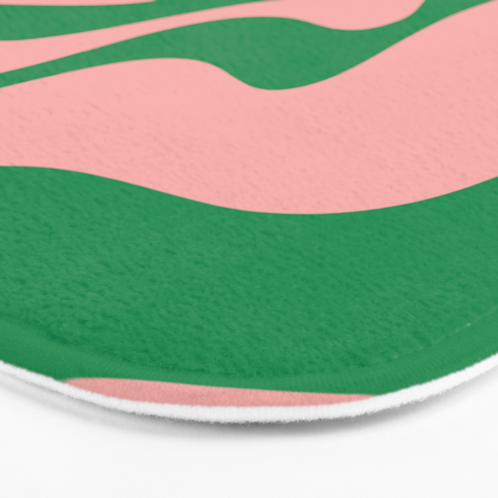 Retro Liquid Swirl Abstract Pattern Square in Bright Green and Blush Pink Bath Mat Gallery Image 3