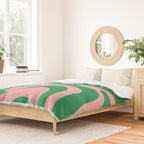 Retro Liquid Swirl Abstract Pattern Square in Bright Green and Blush Pink Duvet Cover Gallery Image 2