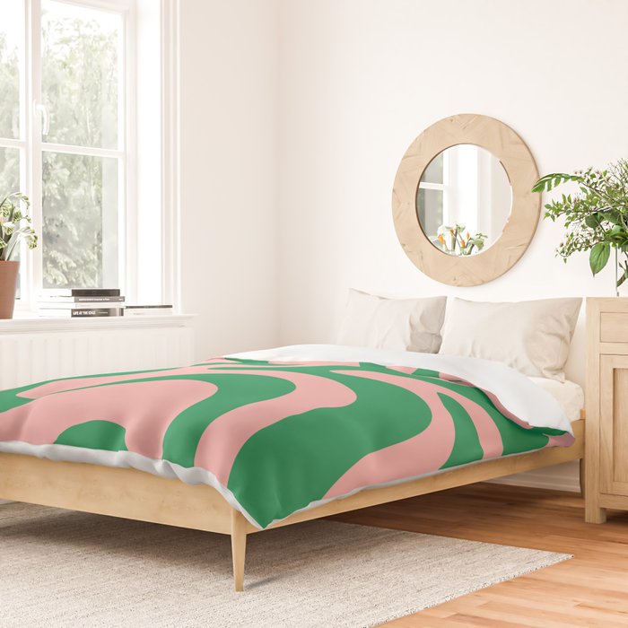 Retro Liquid Swirl Abstract Pattern Square in Bright Green and Blush Pink Duvet Cover Gallery Image 2