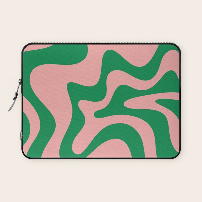 Retro Liquid Swirl Abstract Pattern Square in Bright Green and Blush Pink Laptop Sleeve Gallery Image 1