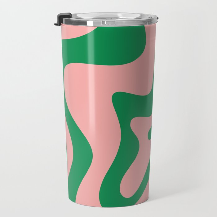 Retro Liquid Swirl Abstract Pattern Square in Bright Green and Blush Pink Travel Mug Gallery Image 3