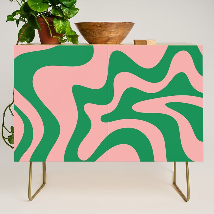 Retro Liquid Swirl Abstract Pattern Square in Bright Green and Blush Pink Credenza Gallery Image 1