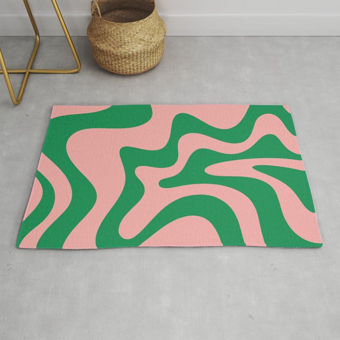 Retro Liquid Swirl Abstract Pattern Square in Bright Green and Blush Pink Rug Gallery Image 1