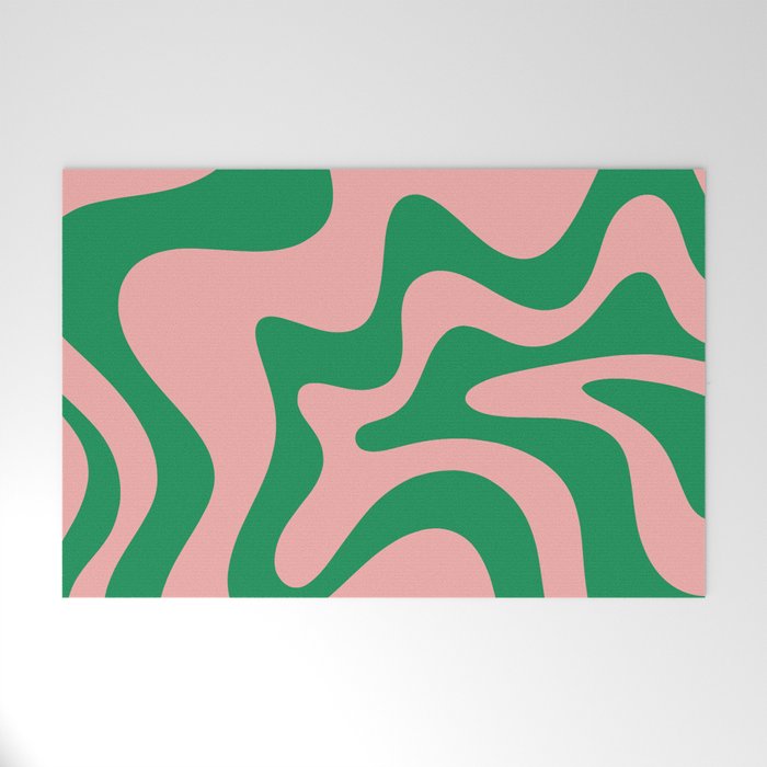 Retro Liquid Swirl Abstract Pattern Square in Bright Green and Blush Pink Welcome Mat Gallery Image 1