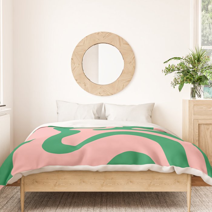 Retro Liquid Swirl Abstract Pattern Square in Bright Green and Blush Pink Duvet Cover Gallery Image 3