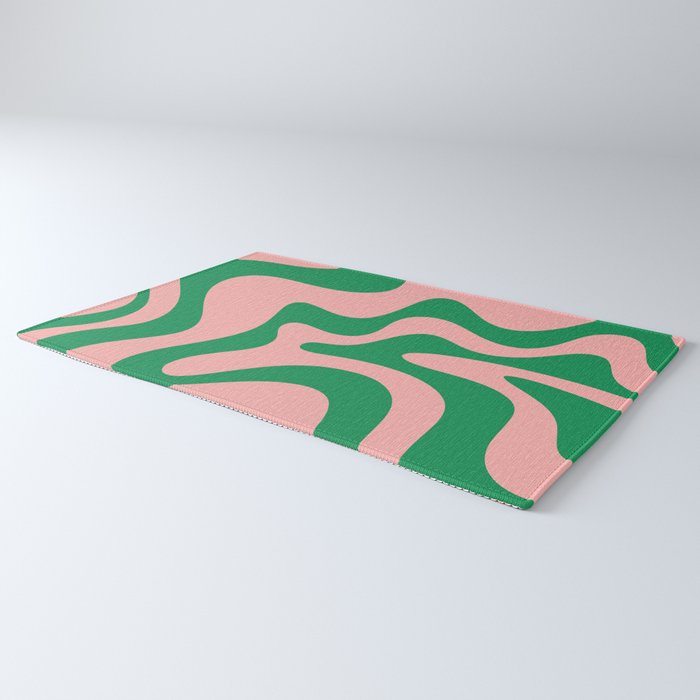 Retro Liquid Swirl Abstract Pattern Square in Bright Green and Blush Pink Rug Gallery Image 3