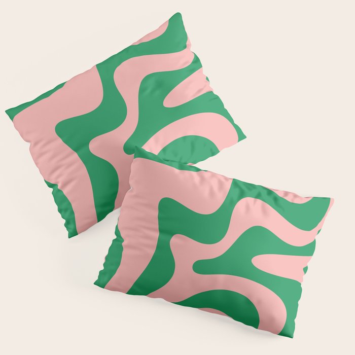 Retro Liquid Swirl Abstract Pattern Square in Bright Green and Blush Pink Pillow Sham Gallery Image 3