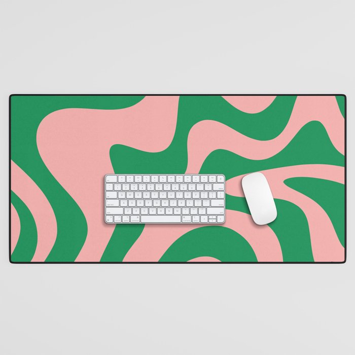 Retro Liquid Swirl Abstract Pattern Square in Bright Green and Blush Pink Desk Mat Gallery Image 1