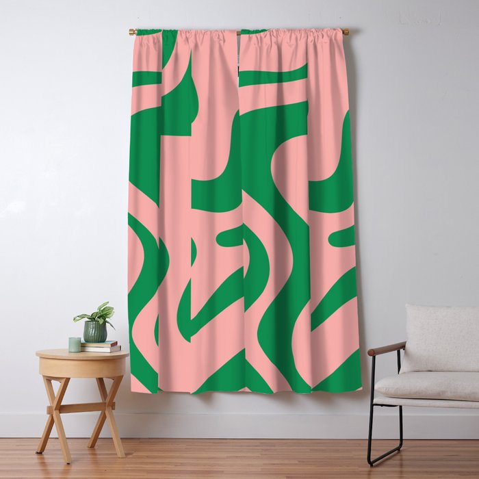 Retro Liquid Swirl Abstract Pattern Square in Bright Green and Blush Pink Window Curtain Gallery Image 1