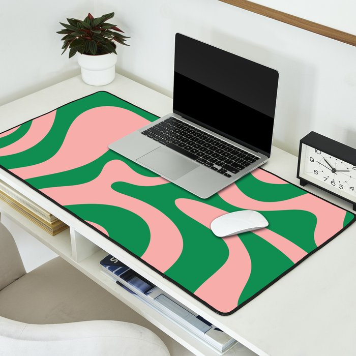 Retro Liquid Swirl Abstract Pattern Square in Bright Green and Blush Pink Desk Mat Gallery Image 2