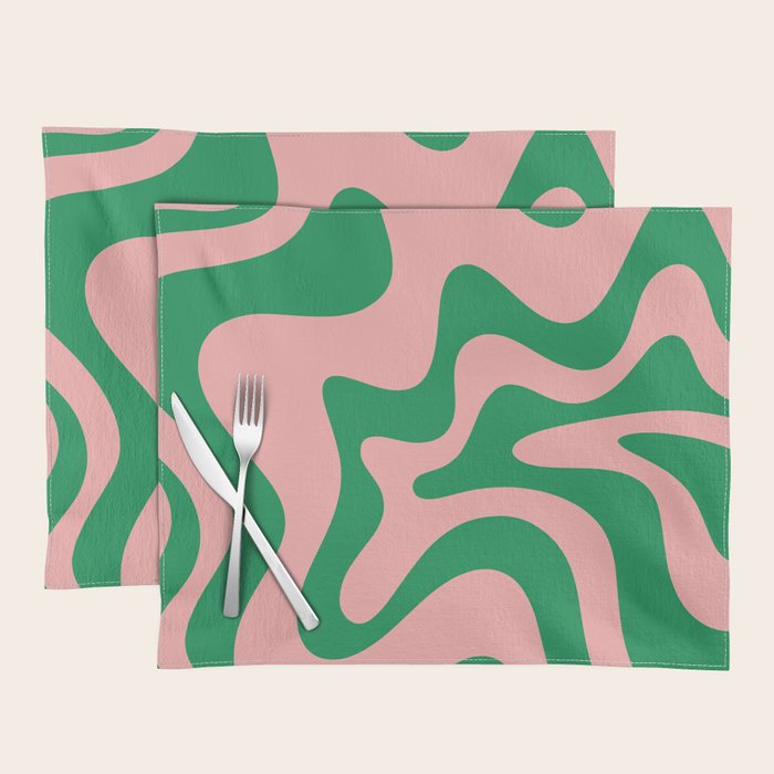 Retro Liquid Swirl Abstract Pattern Square in Bright Green and Blush Pink Placemat Gallery Image 1