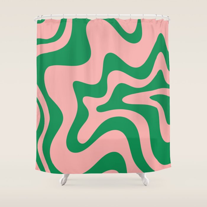 Retro Liquid Swirl Abstract Pattern Square in Bright Green and Blush Pink Shower Curtain Gallery Image 1