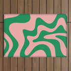 Retro Liquid Swirl Abstract Pattern Square in Bright Green and Blush Pink Outdoor Rug Gallery Image 1