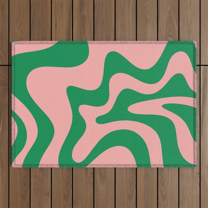 Retro Liquid Swirl Abstract Pattern Square in Bright Green and Blush Pink Outdoor Rug Gallery Image 1