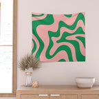Retro Liquid Swirl Abstract Pattern Square in Bright Green and Blush Pink Wall Tapestry Gallery Image 2