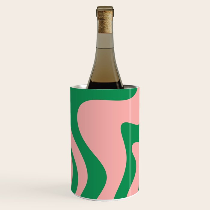 Retro Liquid Swirl Abstract Pattern Square in Bright Green and Blush Pink Wine Chiller Gallery Image 2
