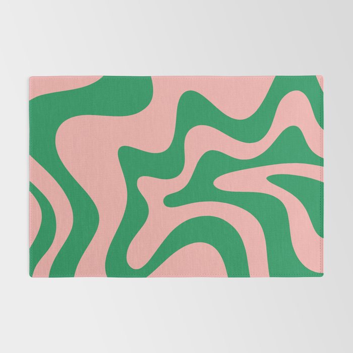 Retro Liquid Swirl Abstract Pattern Square in Bright Green and Blush Pink Rug Gallery Image 2