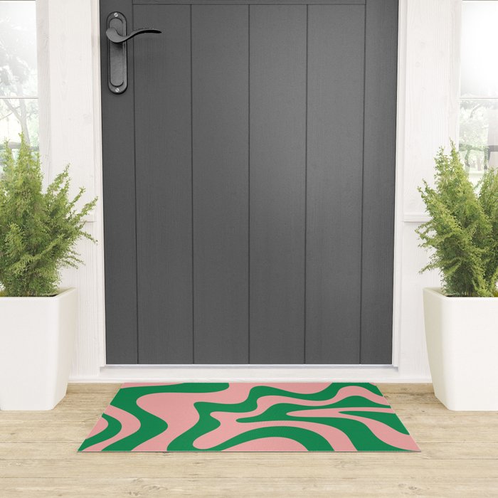 Retro Liquid Swirl Abstract Pattern Square in Bright Green and Blush Pink Welcome Mat Gallery Image 3