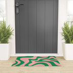 Retro Liquid Swirl Abstract Pattern Square in Bright Green and Blush Pink Welcome Mat Gallery Image 3