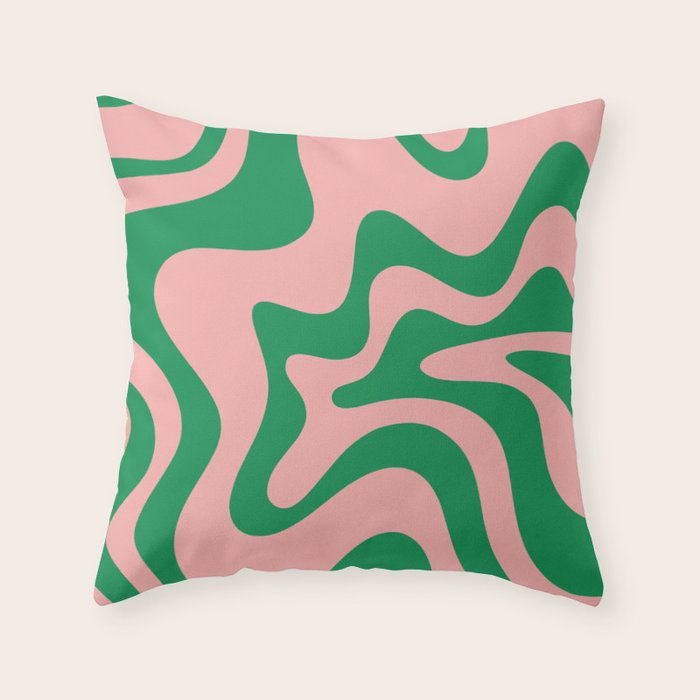 Retro Liquid Swirl Abstract Pattern Square in Bright Green and Blush Pink Throw Pillow Gallery Image 1